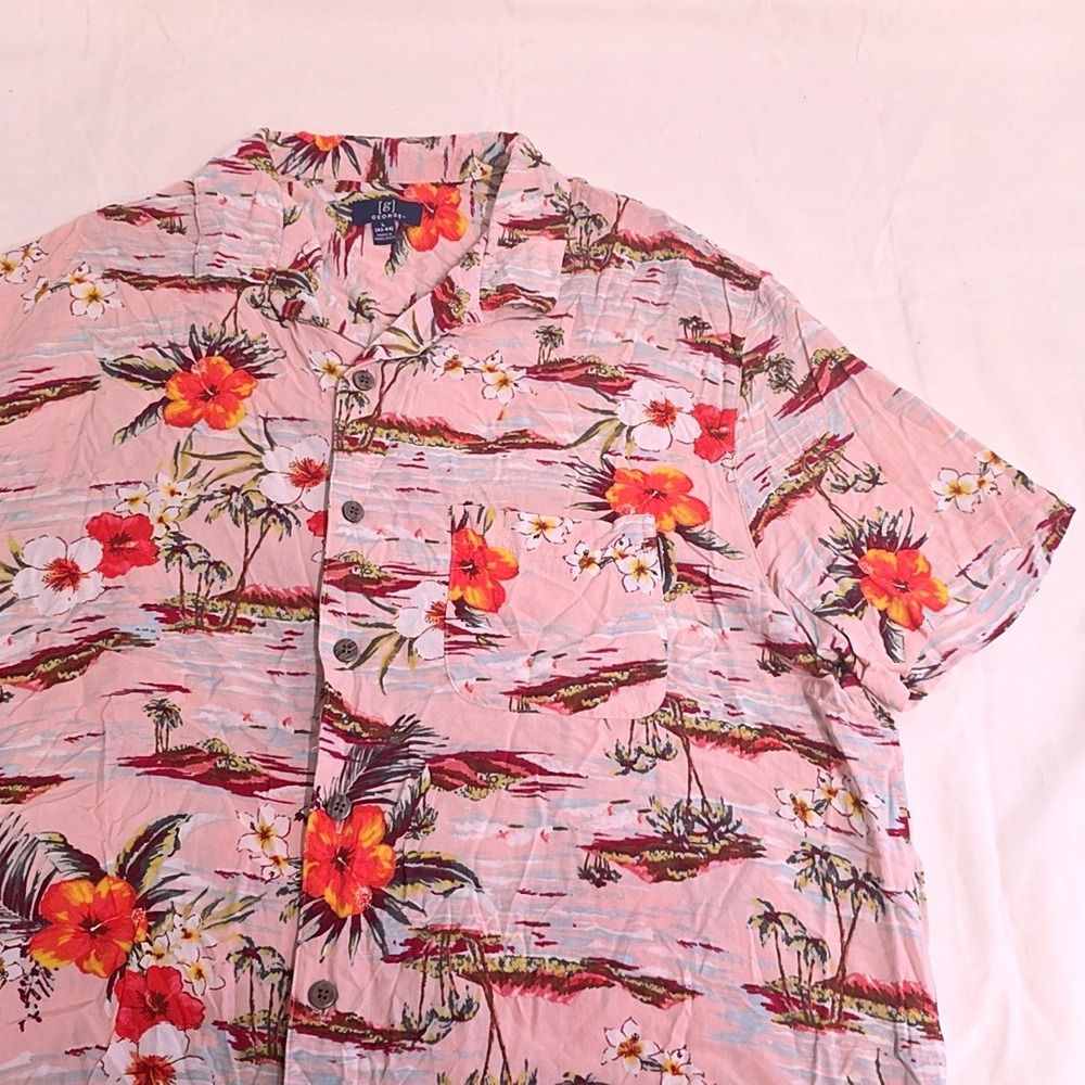 George Button Down Shirt Mens L Pink Tropical Floral Hibiscus Rayon Aloha